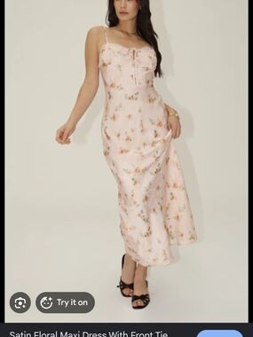 Floral Satin Maxi Dress with Front Tie - Pink